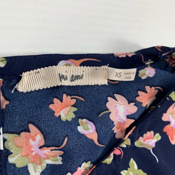 Mi Ami Womens Blouse Shirt Size XS Navy Blue Floral 3/4 Sleeves Button Back Top - Picture 3 of 7
